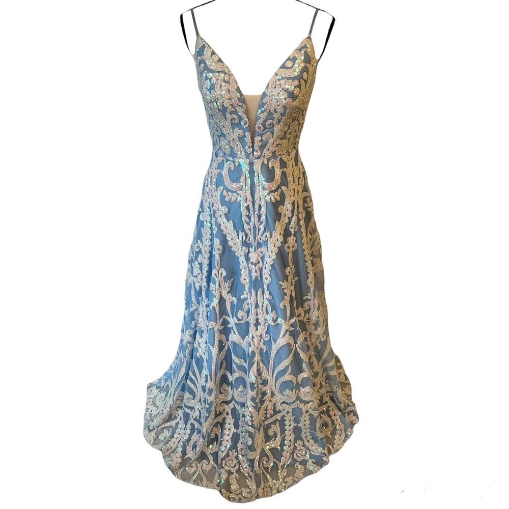 Jovani Prom dress Sz 0 iridescent white sequin + blue low V neck mimicked V Back